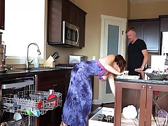 Sweet housewife is wearing her new dress while waiting for her husband to fuck her