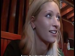 Public pick-up of a dick-hungry blonde chick who is paid money to suck his cock and grind on it