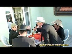 Sweet waitress is always in the mood to have sex with a large group of guys