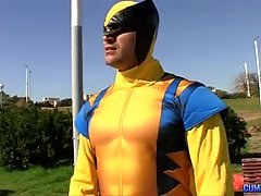 A nasty guy dressed up as a super- hero likes to fuck random girls in their apartments