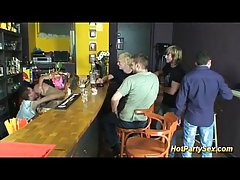 Slutty blonde babe went to a local bar to find two guys who would fuck her