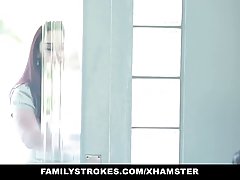 Dark haired chick is about to be late for classes, because she is sucking cock