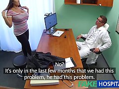 Big titted woman is spreading her legs wide for her horny doctor, in his office