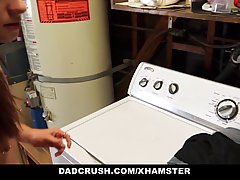 Petite girl was sucking her step- father's dick in the kitchen and got fucked from the back