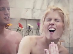 Blonde lady is about to get fucked in the shower, very early in the morning