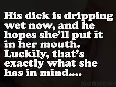 Chubby milf with dark hair is gently sucking her lover's cock while her husband is not at home