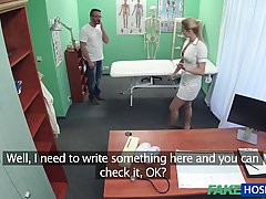 Blonde nurse told to her patient to take off his pants and lick her moistened pussy